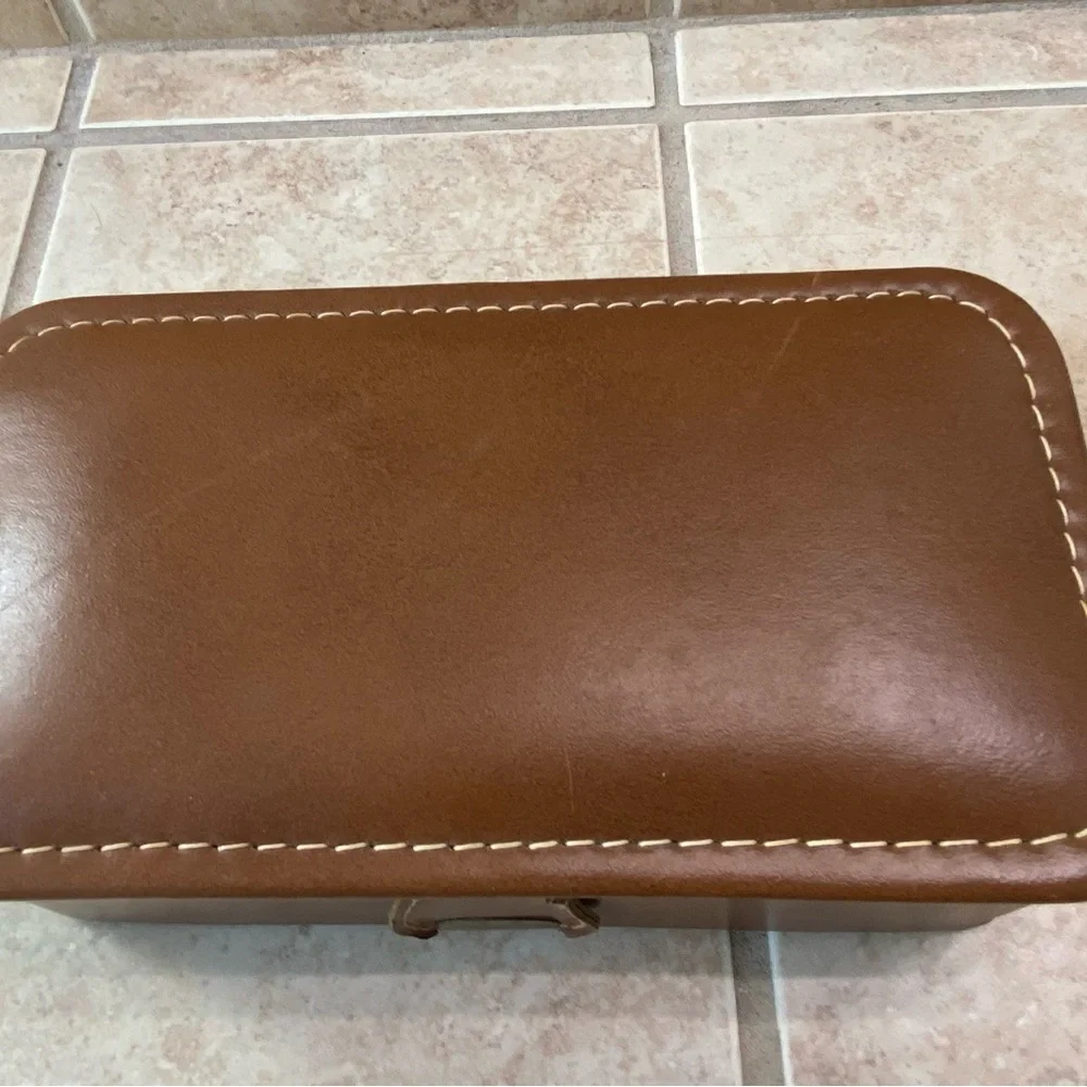 Vintage Leather Brown Brevoni Mid Century Men’s Cufflinks Tie Bars Jewelry Box